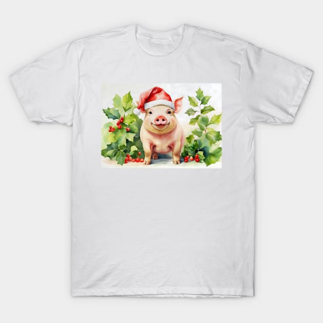 Christmas Pig Watercolour T-Shirt by NikkiBear67